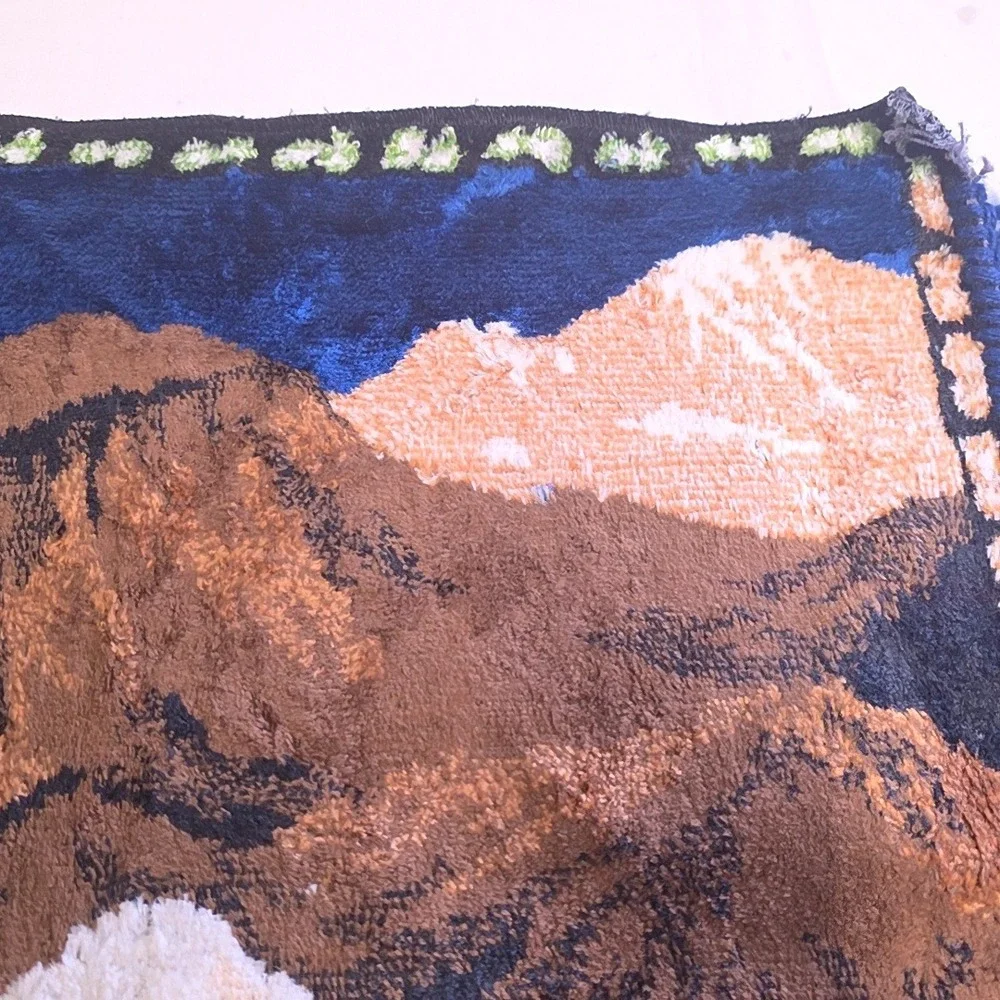 Vintage Ram Tapestry Blue Bighorn Sheep Mountain Velvet Fringed Wall Hanging